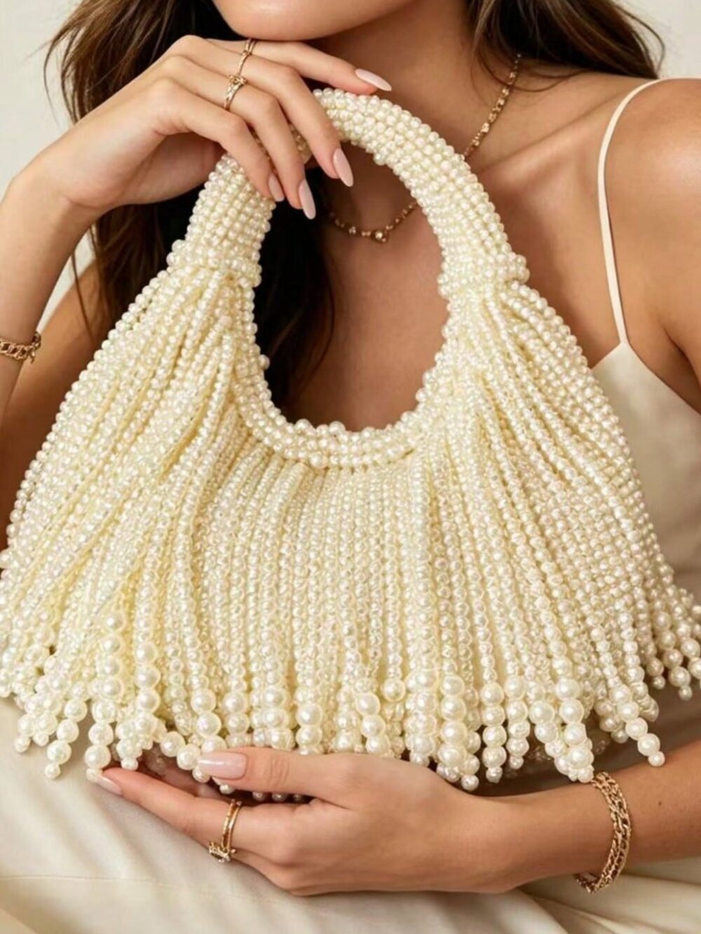 Beige Glamorous Women's  Faux Pearl Beads Bag
